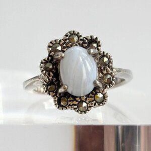 Art Deco Moonstone Marcasite Gemstone Sterling Silver Vintage Ring - sz 5